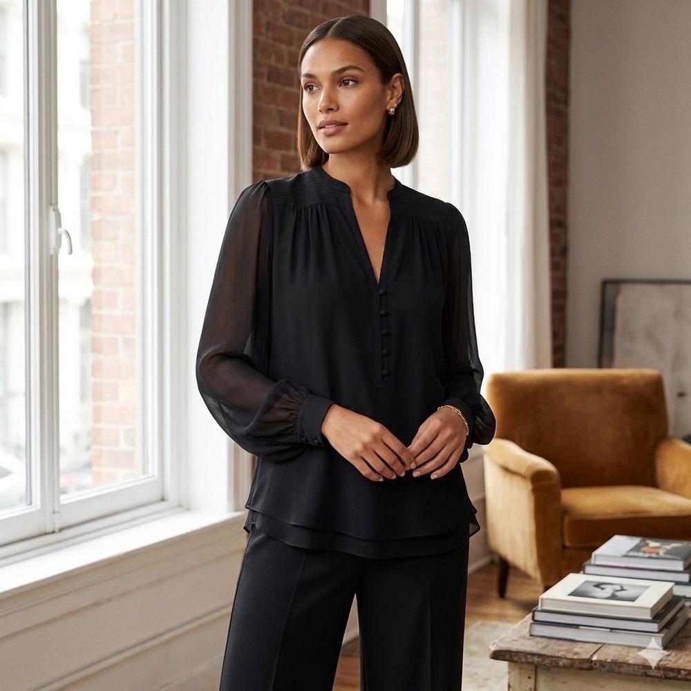 Diane Von Furstenberg 100% Silk Chiffon Henley Blouse 6 Black